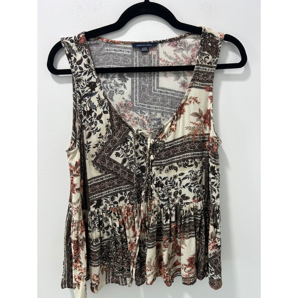 American Eagle Floral Paisley Boho Lace Up Peplum Tank Top Small Lightweight